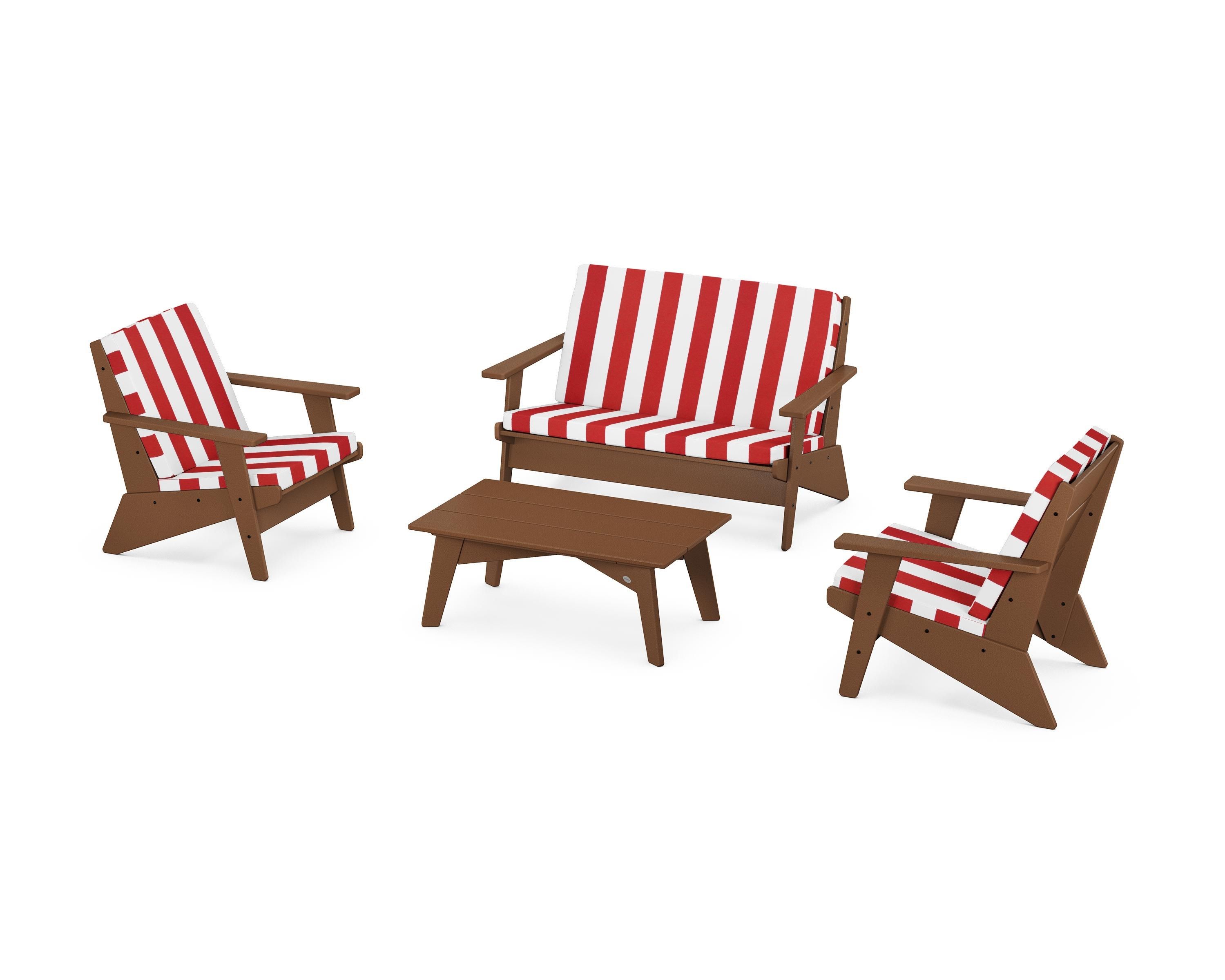 POLYWOOD® Riviera Modern Lounge 4-Piece Set in Teak / Cabana Stripe Crimson