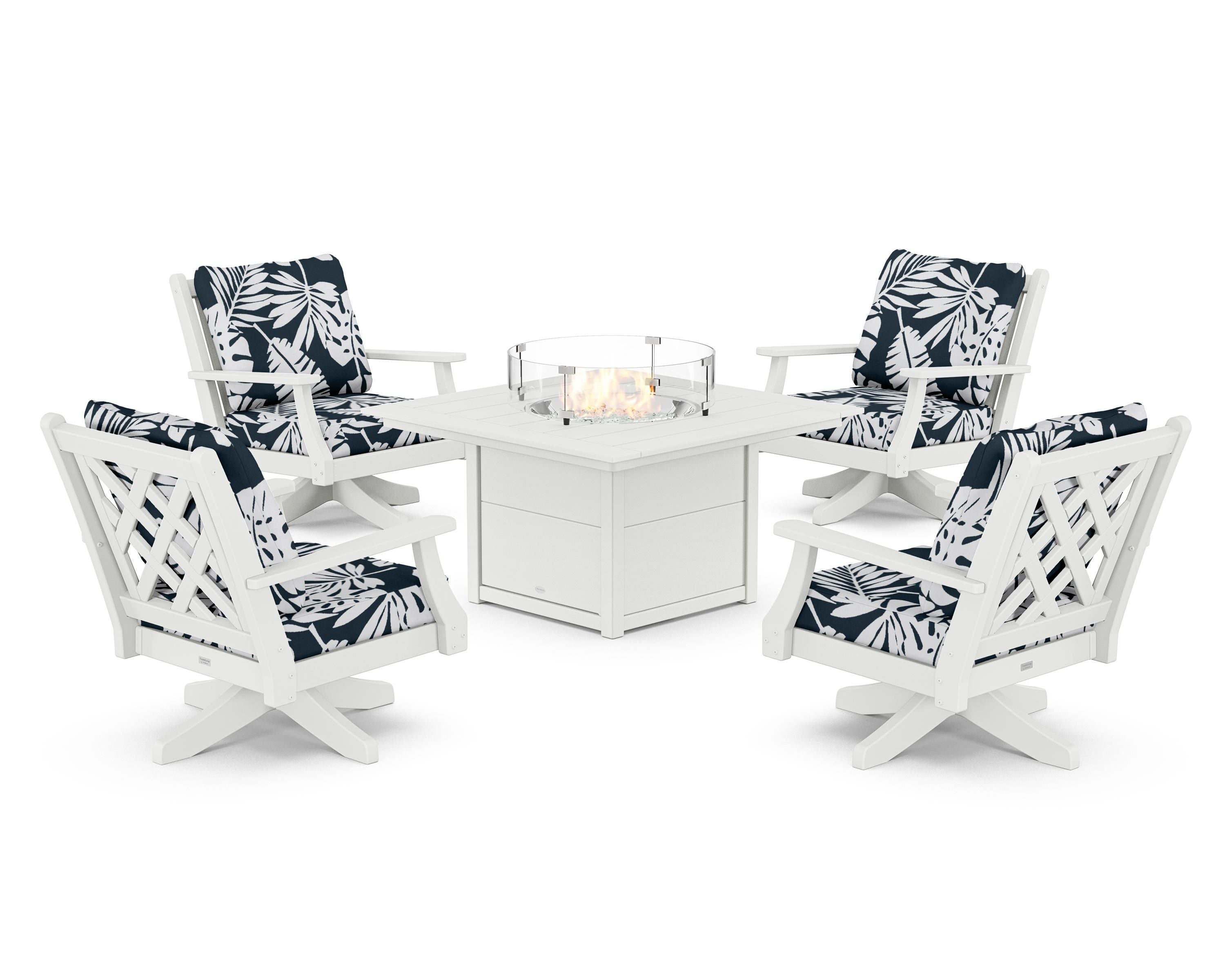 Country Living Wovendale 5-Piece Deep Seating Swivel Conversation Set with Fire Pit Table in White / Leaf Marine Indigo