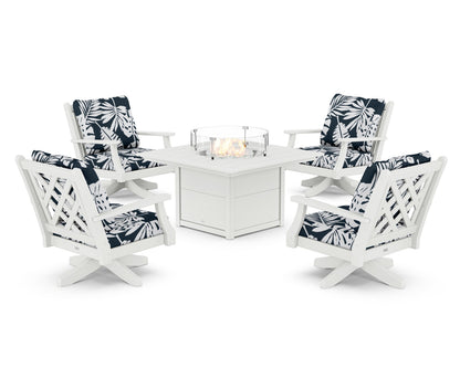 Country Living Wovendale 5-Piece Deep Seating Swivel Conversation Set with Fire Pit Table in White / Leaf Marine Indigo