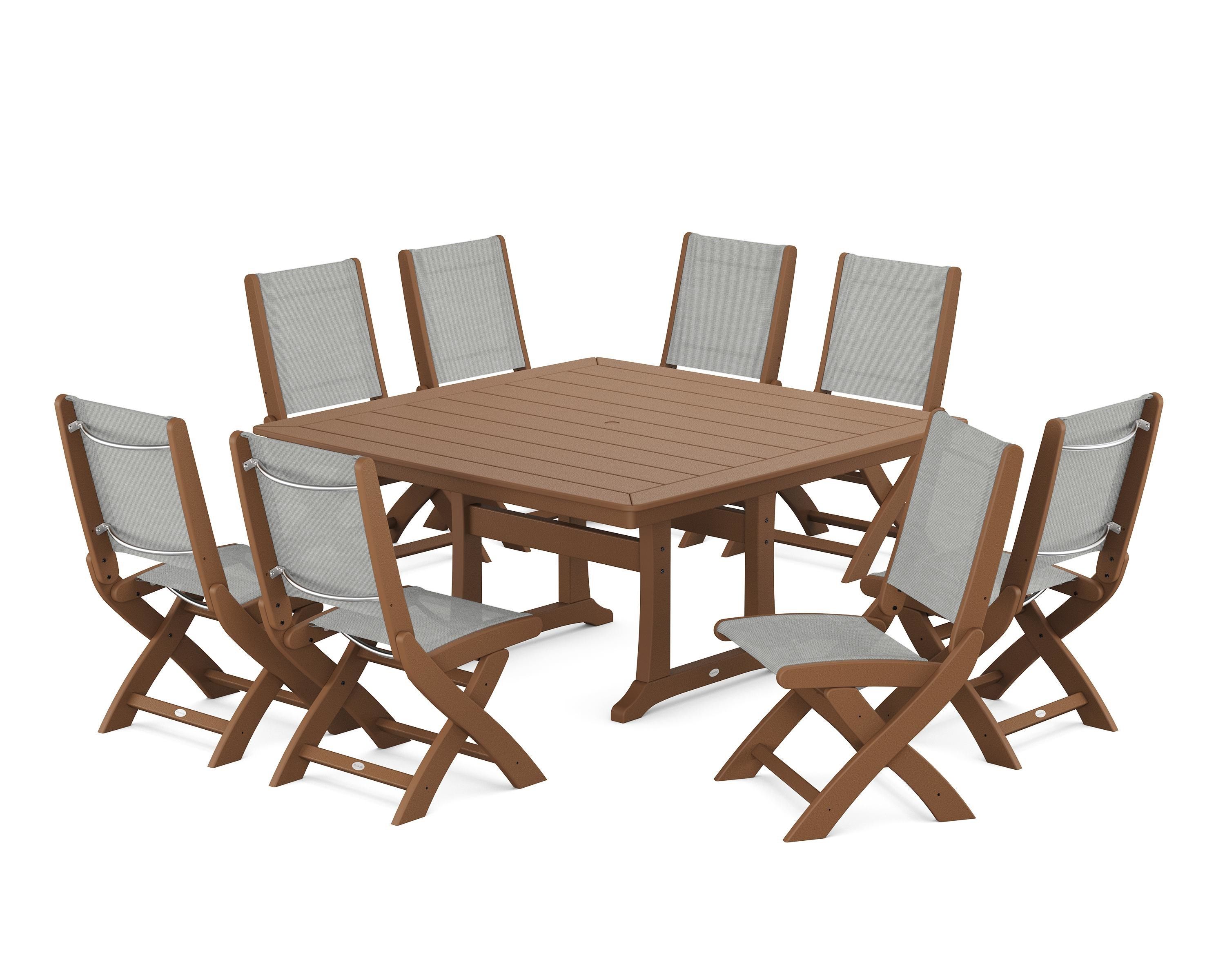 POLYWOOD® Coastal Folding Side Chair 9-Piece Dining Set with Trestle Legs in Teak / Metallic Sling