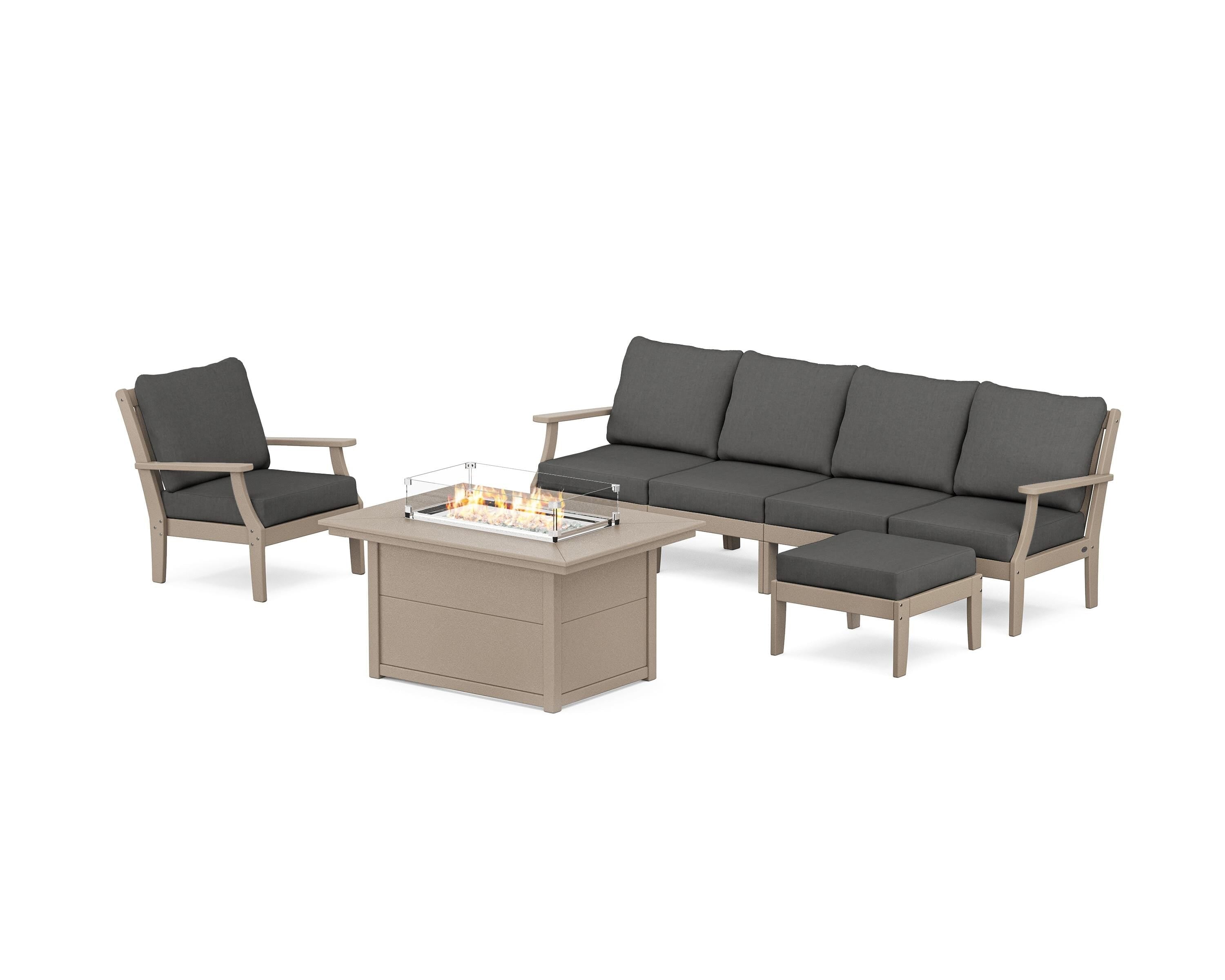POLYWOOD® Braxton Sectional Lounge and Fire Pit Set in Vintage Sahara / Spectrum Carbon