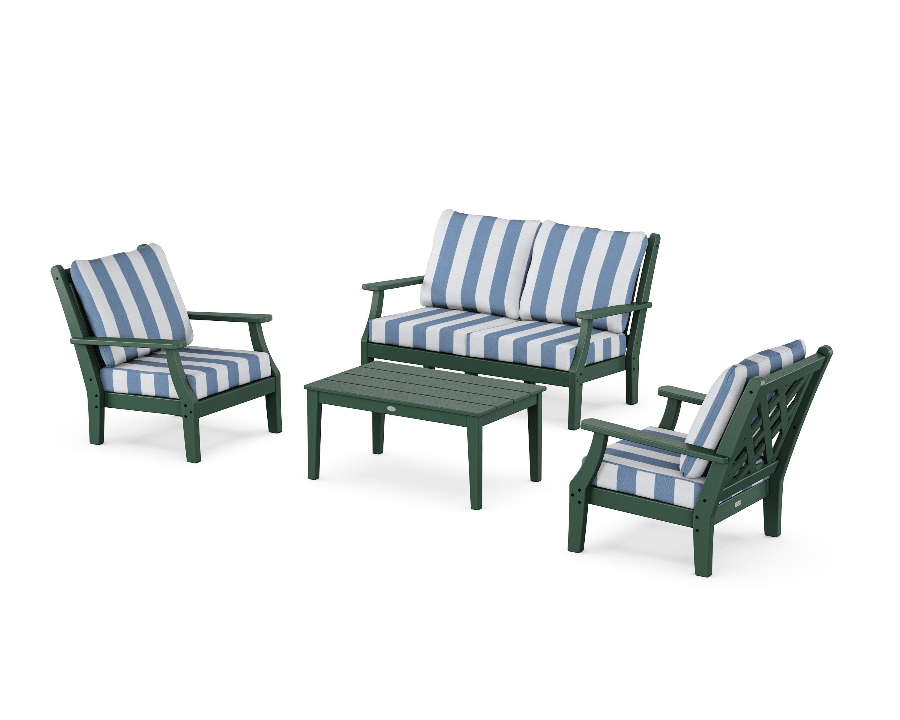 Country Living Wovendale 4-Piece Deep Seating Set with Loveseat in Green / Cabana Stripe Sky Blue