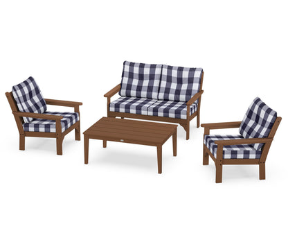 POLYWOOD® Vineyard 4-Piece Deep Seating Set in Teak / Buffalo Plaid Navy