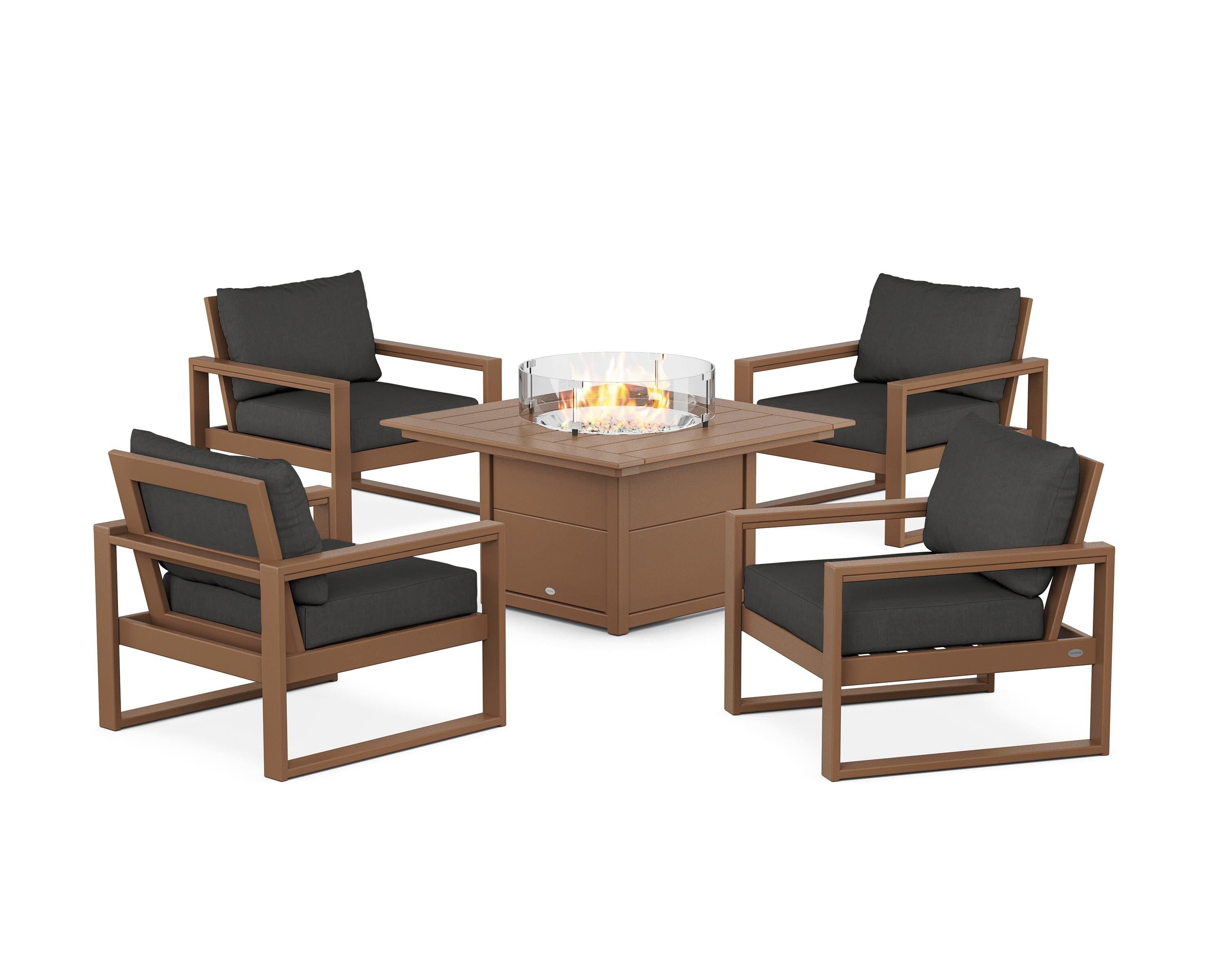 POLYWOOD® EDGE Sectional 5-Piece Deep Seating Set with Fire Pit Table in Teak / Spectrum Carbon