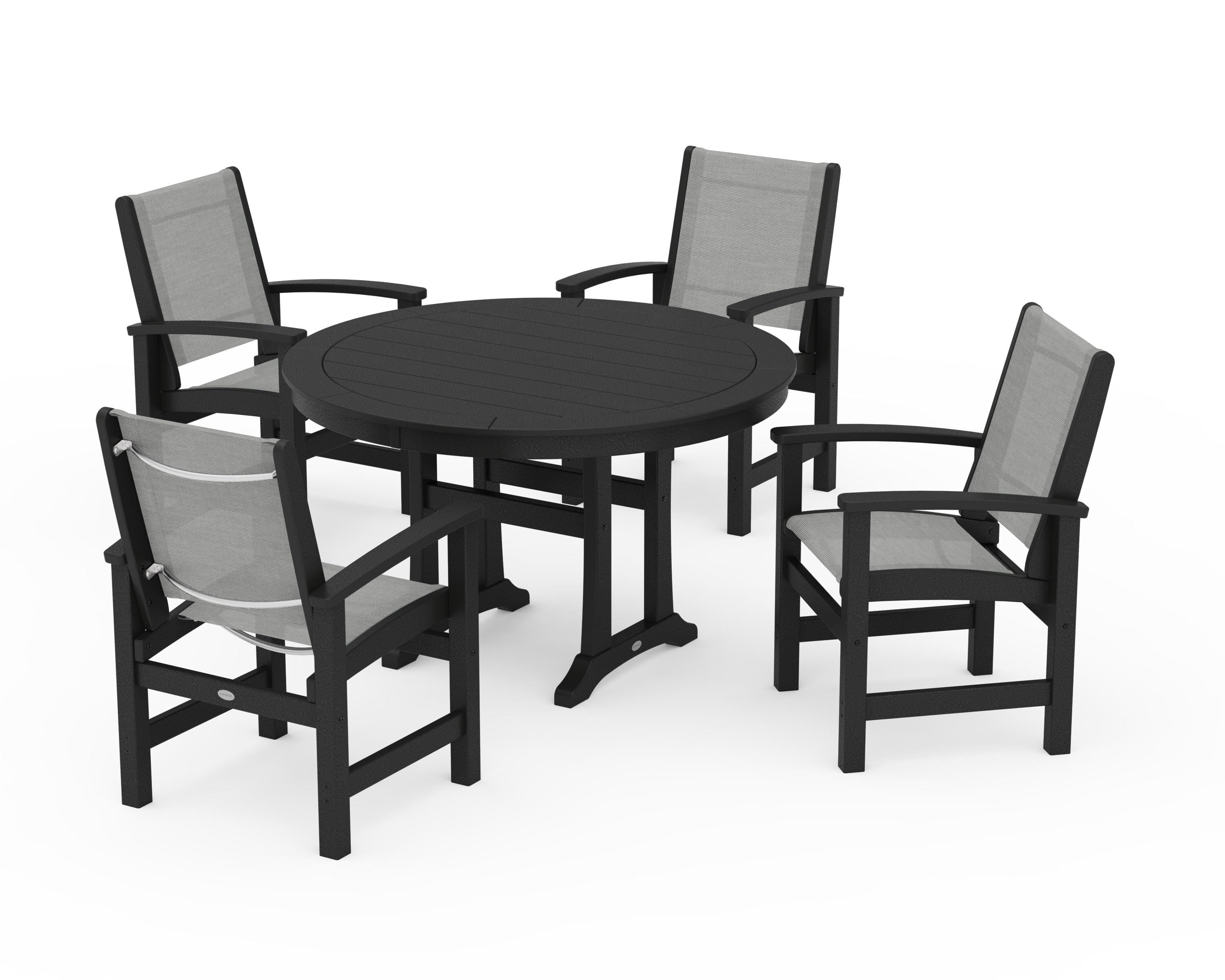POLYWOOD® Coastal 5-Piece Round Dining Set with Trestle Legs in Black / Metallic Sling