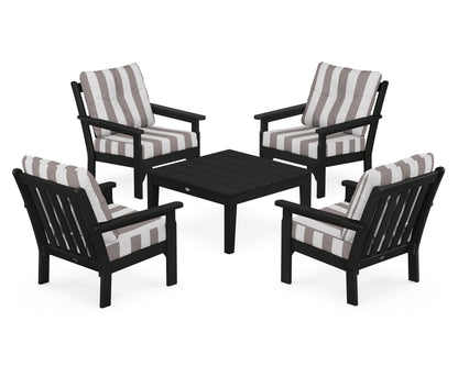 POLYWOOD® Vineyard 5-Piece Deep Seating Conversation Set in Black / Cabana Stripe Grey Mist
