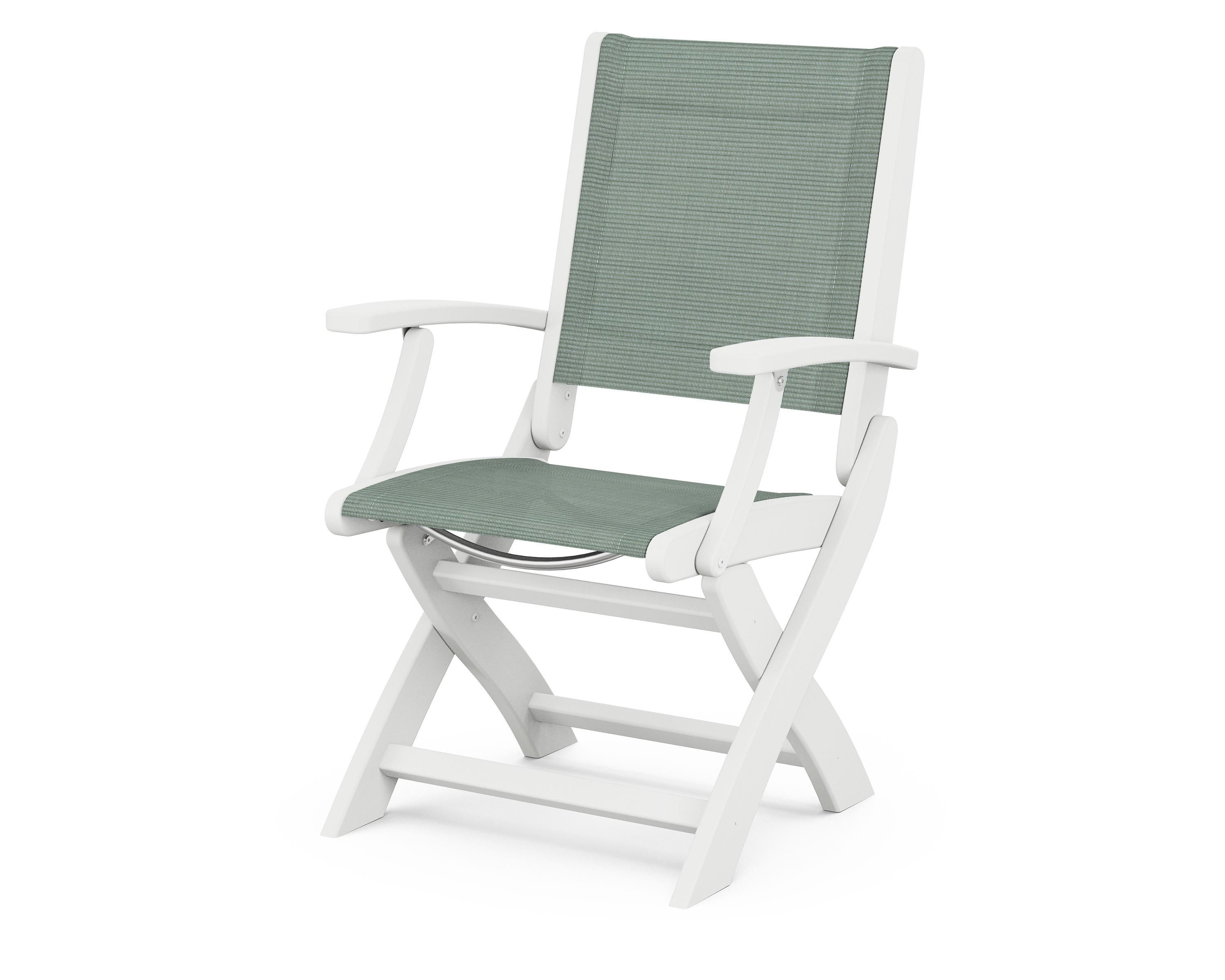 POLYWOOD® Coastal Folding Chair in White / Dupioni Sea Mist Sling