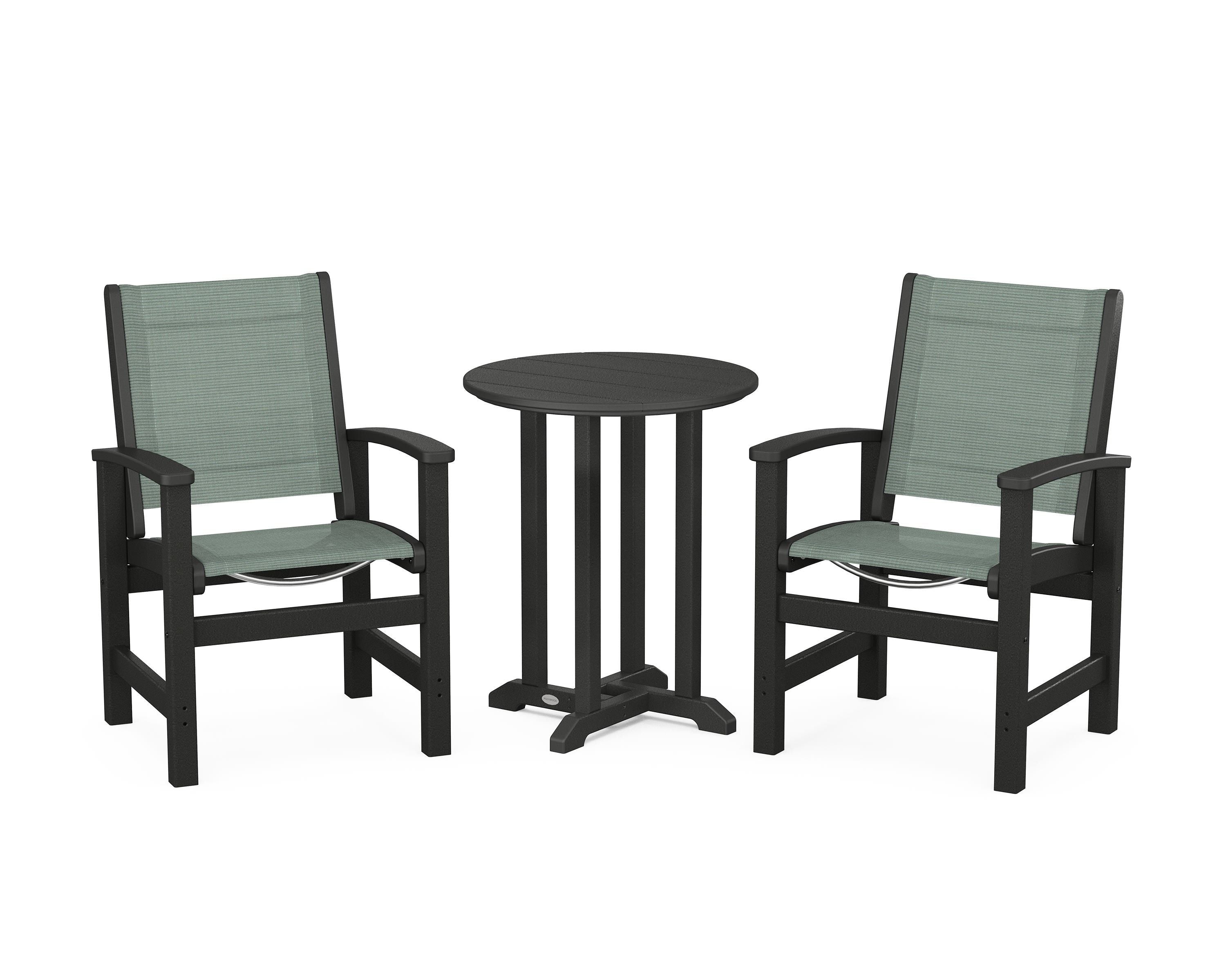 POLYWOOD® Coastal 3-Piece Round Bistro Dining Set in Black / Dupioni Sea Mist Sling