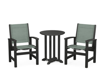POLYWOOD® Coastal 3-Piece Round Bistro Dining Set in Black / Dupioni Sea Mist Sling