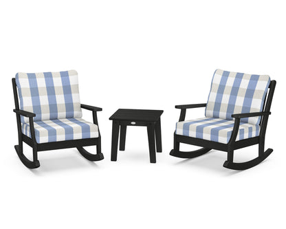 POLYWOOD® Braxton 3-Piece Deep Seating Rocker Set in Black / Buffalo Plaid Sky Blue