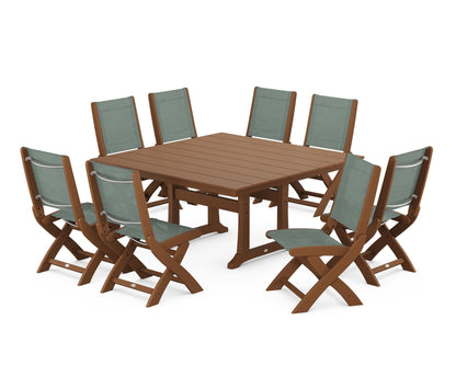 POLYWOOD® Coastal Folding Side Chair 9-Piece Farmhouse Dining Set in Teak / Dupioni Sea Mist Sling