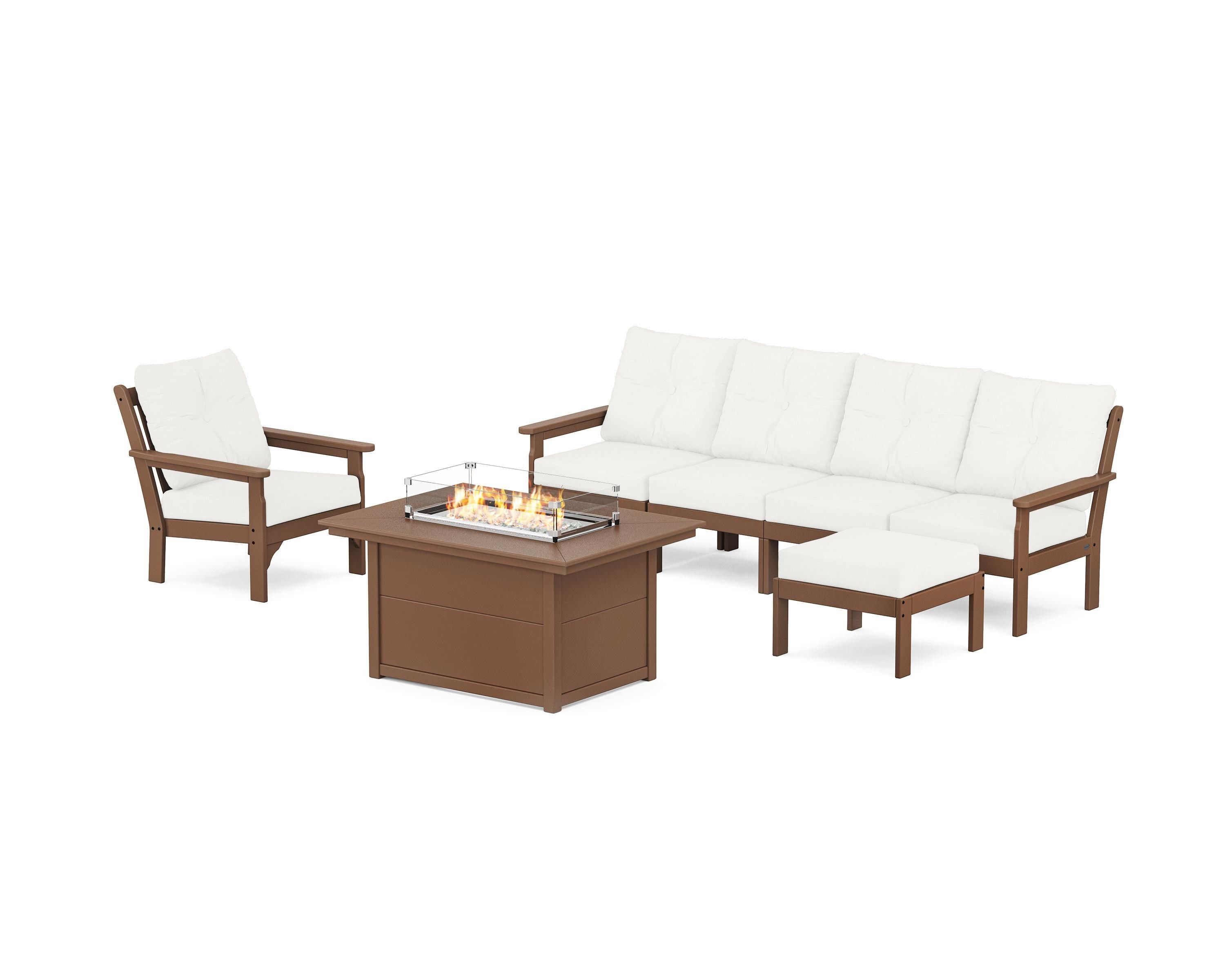 POLYWOOD® Vineyard Sectional Lounge and Fire Pit Set in Teak / Natural Linen