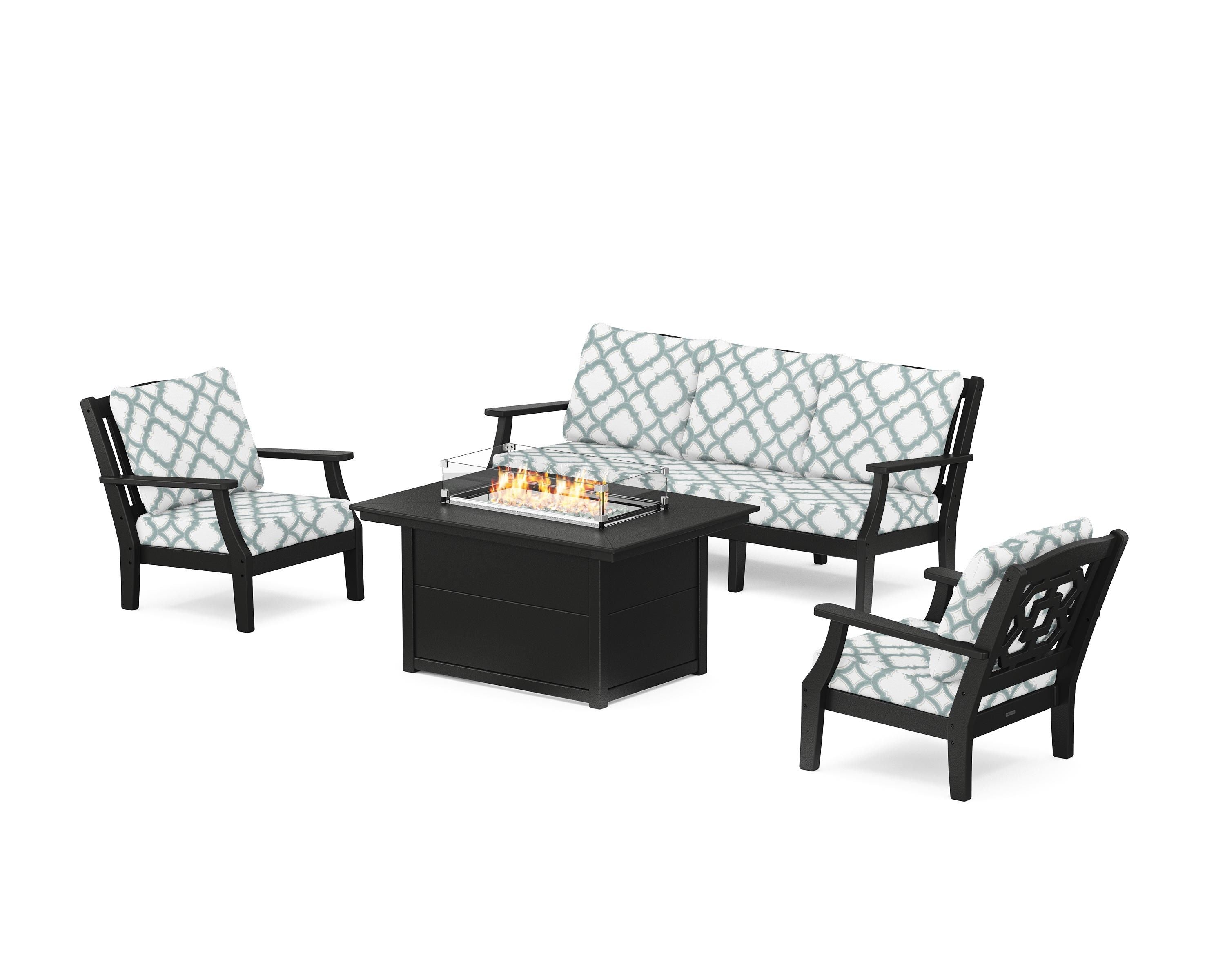 Martha Stewart by POLYWOOD® Chinoiserie Deep Seating Fire Pit Table Set in Black / Trellis Glacier Spa