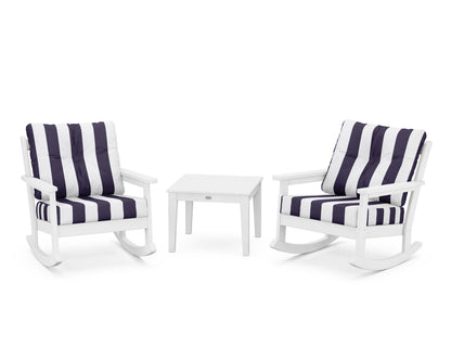 POLYWOOD® Vineyard 3-Piece Deep Seating Rocker Set in White / Cabana Stripe Navy