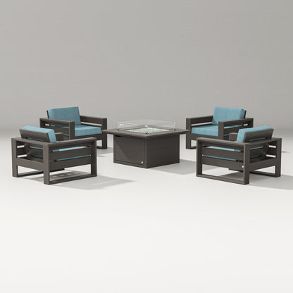 PW Designer Series Latitude 5-Piece Lounge Fire Table Set in Vintage Coffee / Lattice Sky Blue