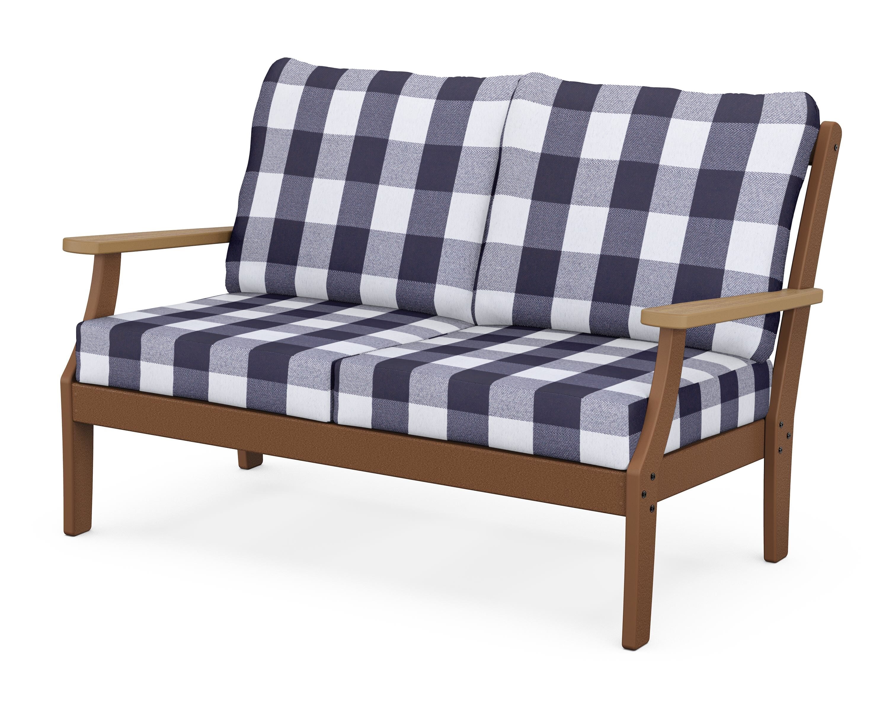 POLYWOOD® Braxton Deep Seating Loveseat in Teak / Natural / Buffalo Plaid Navy