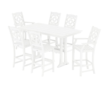 Martha Stewart by POLYWOOD® Chinoiserie 7-Piece Farmhouse Bar Set with Trestle Legs in White
