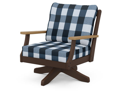 POLYWOOD® Braxton Deep Seating Swivel Chair in Mahogany / Natural / Buffalo Plaid Marine Indigo