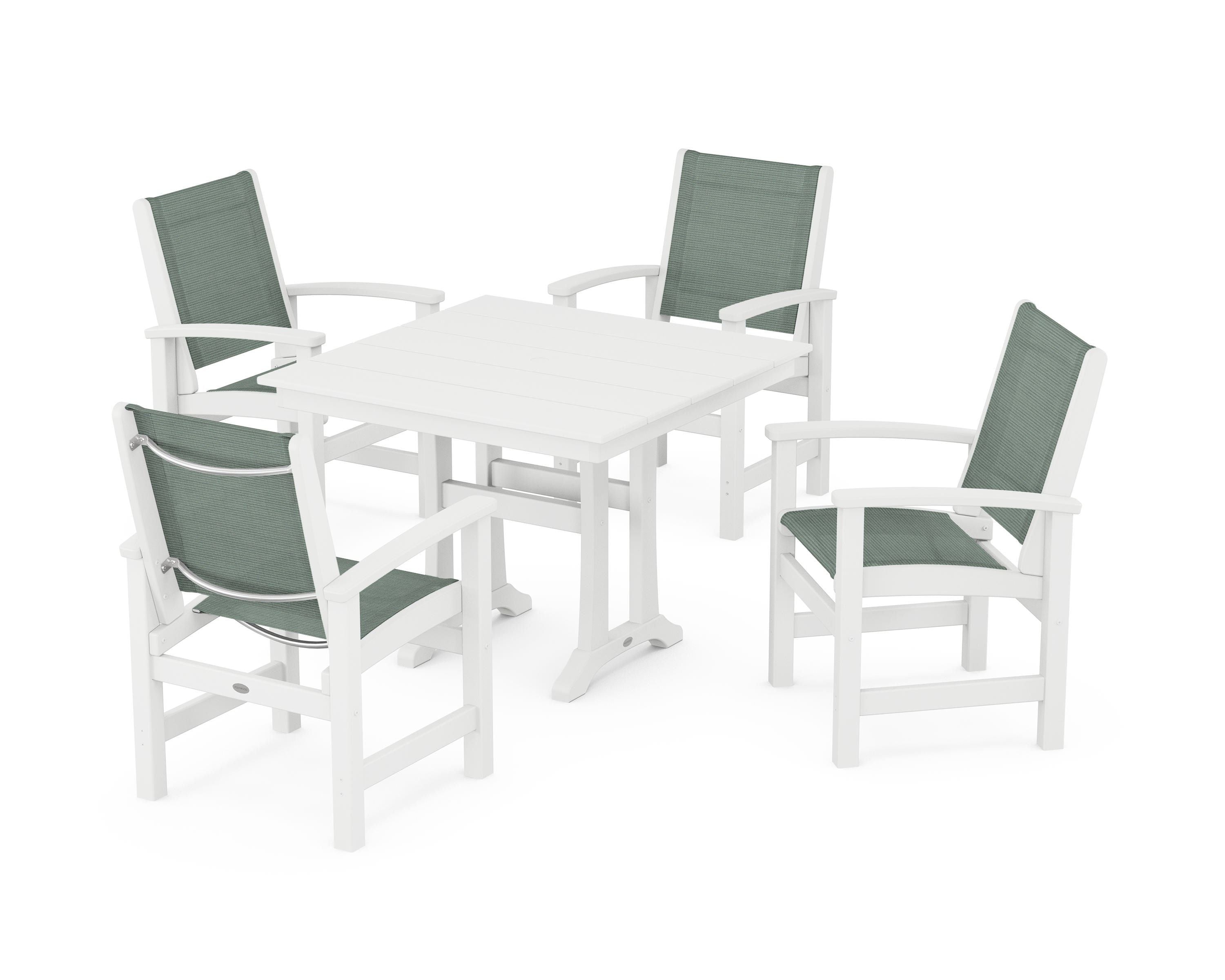 POLYWOOD® Coastal 5-Piece Farmhouse Dining Set With Trestle Legs in White / Dupioni Sea Mist Sling