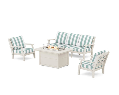 Martha Stewart by POLYWOOD® Chinoiserie Deep Seating Fire Pit Table Set in Sand / Cabana Stripe Glacier Spa