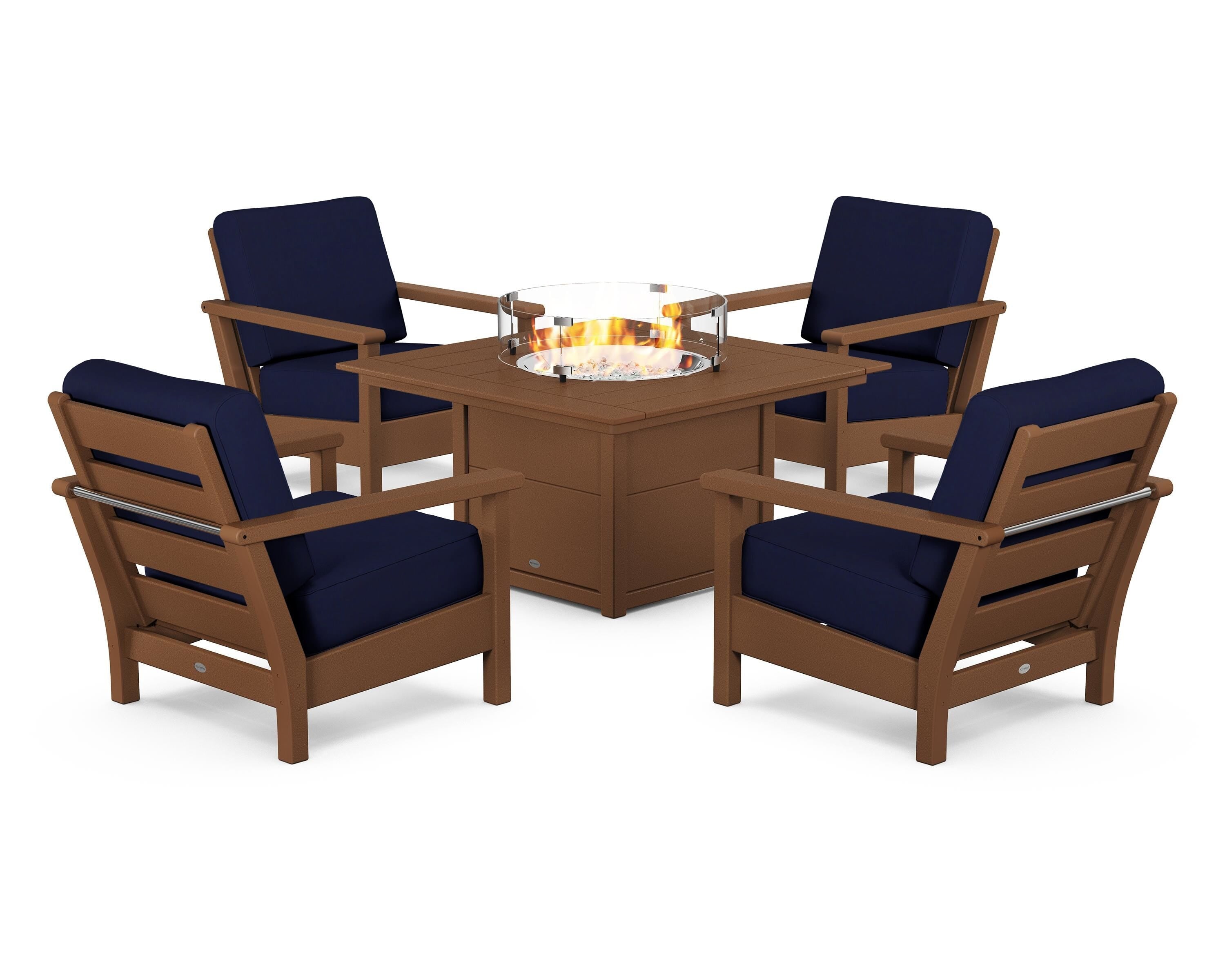 POLYWOOD® Harbour 5-Piece Conversation Set with Fire Pit Table in Teak / Navy