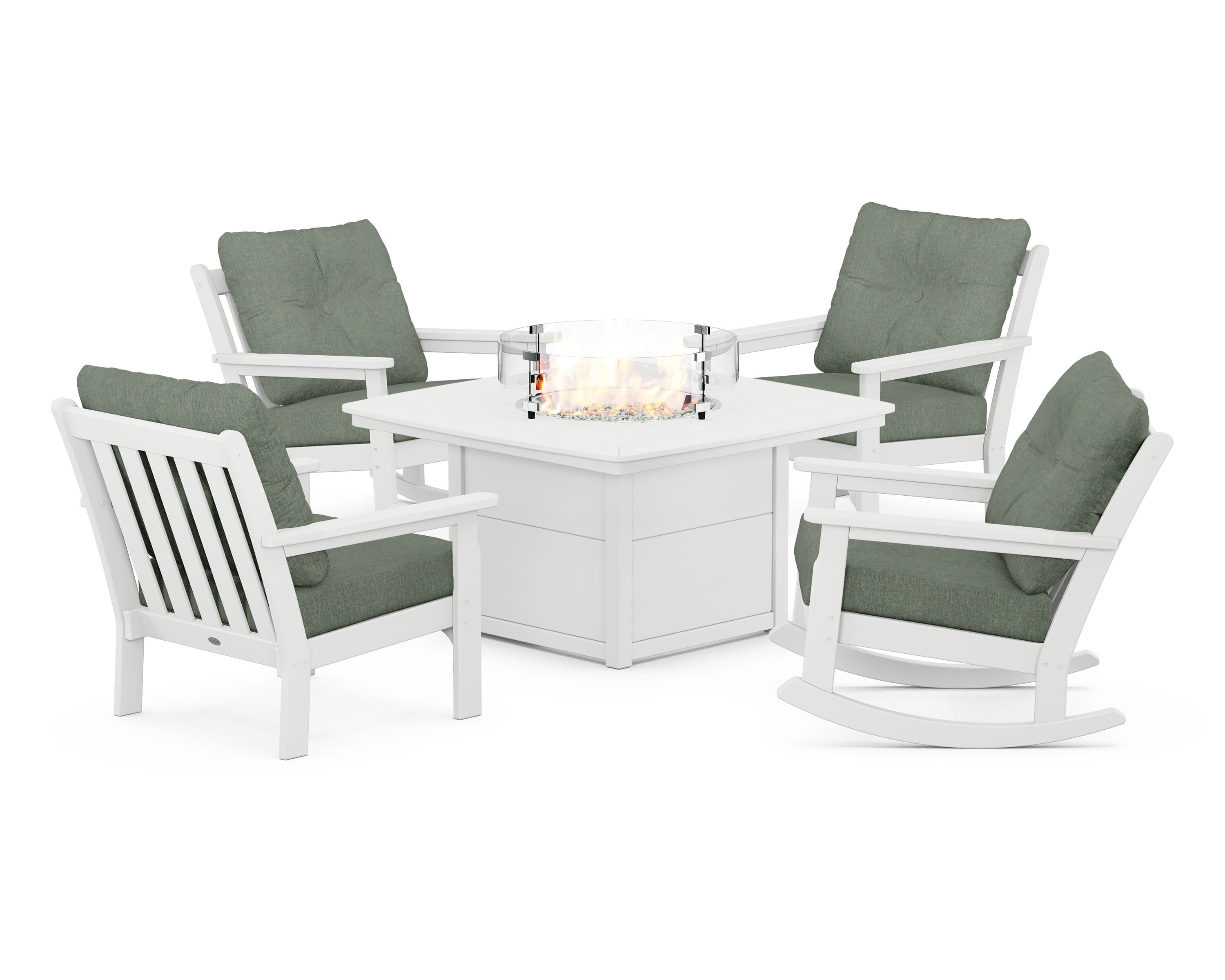 POLYWOOD® Vineyard 5-Piece Deep Seating Rocking Chair Conversation Set with Fire Pit Table in White / Cast Sage