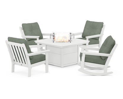 POLYWOOD® Vineyard 5-Piece Deep Seating Rocking Chair Conversation Set with Fire Pit Table in White / Cast Sage