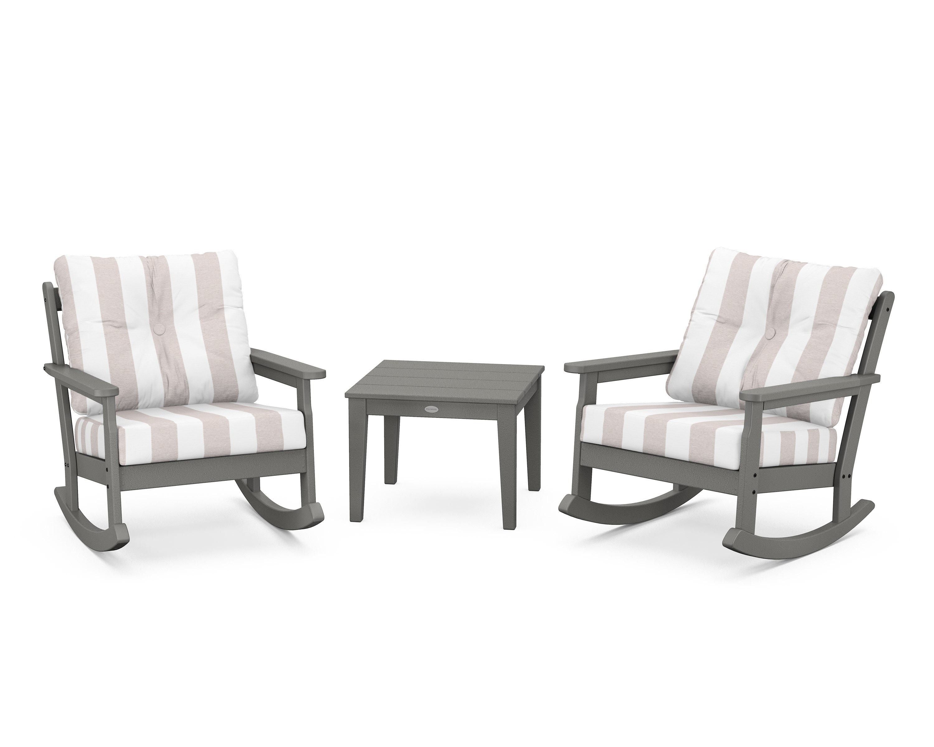 POLYWOOD® Vineyard 3-Piece Deep Seating Rocker Set in Slate Grey / Cabana Stripe Dune Burlap