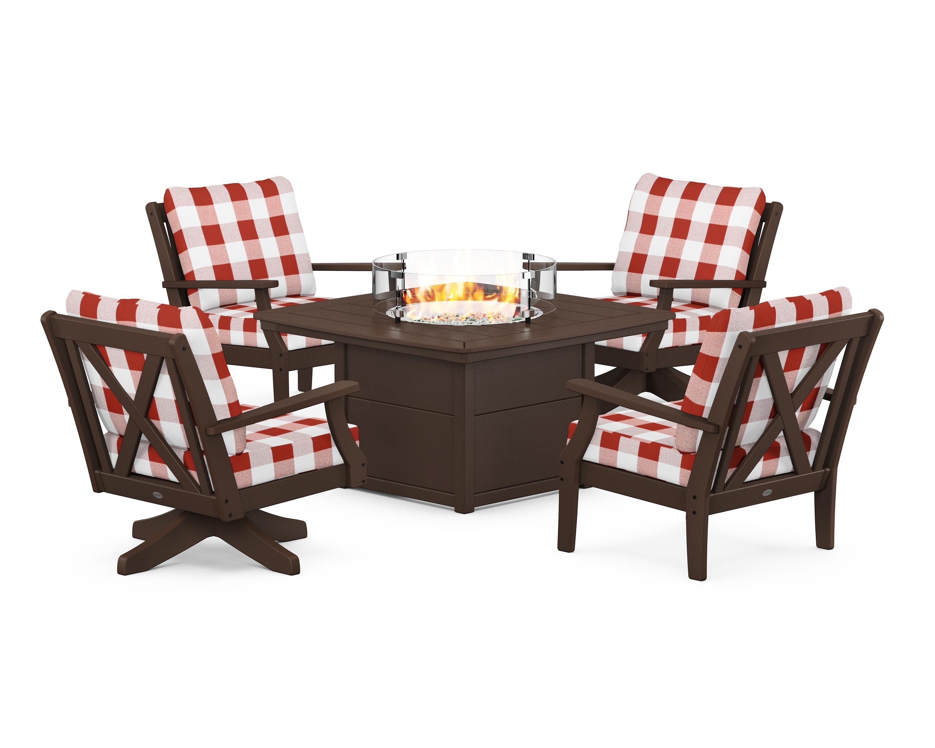 POLYWOOD® Braxton 5-Piece Deep Seating Set with Fire Table in Mahogany / Buffalo Plaid Crimson