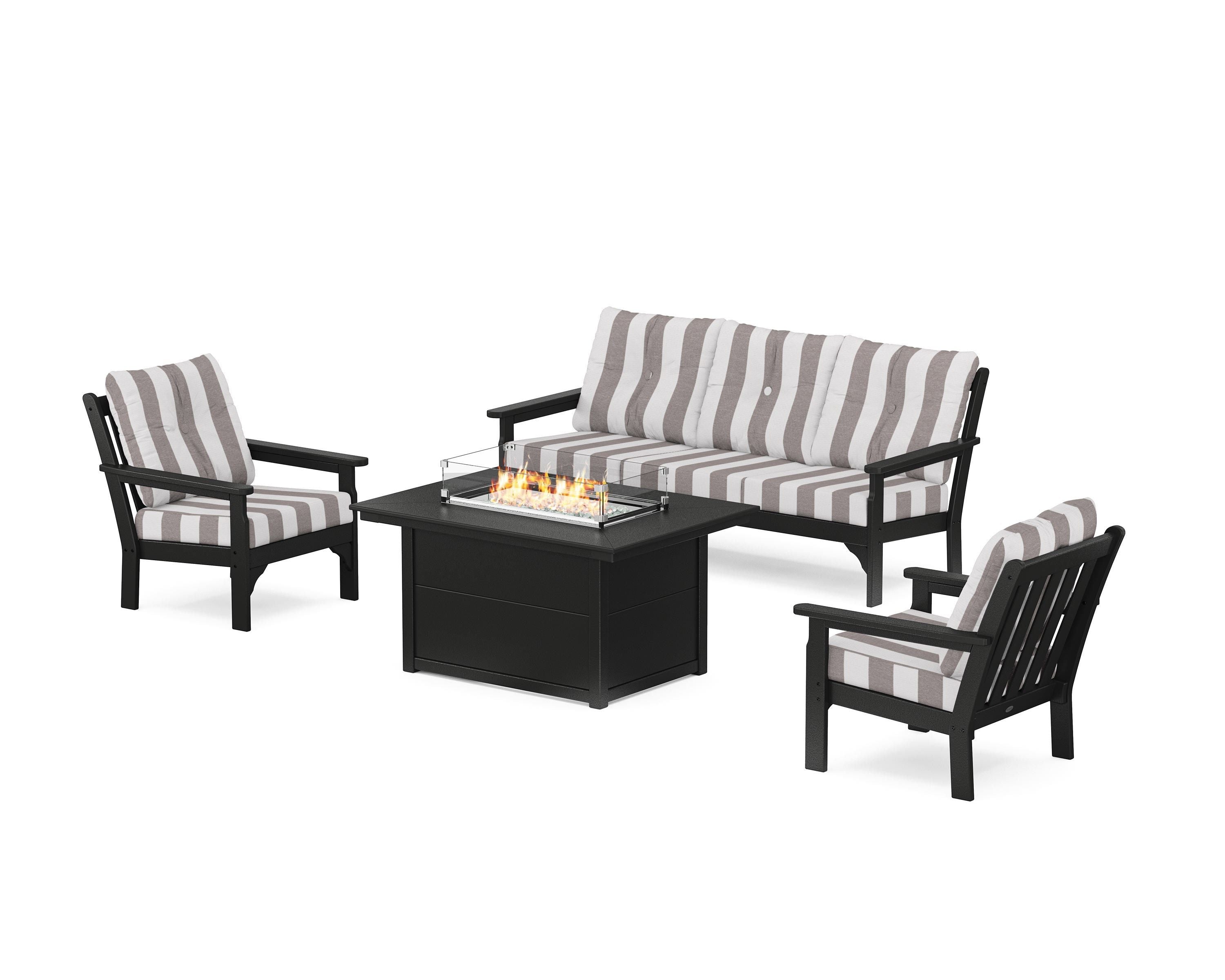 POLYWOOD® Vineyard Deep Seating Fire Pit Table Set in Black / Cabana Stripe Grey Mist