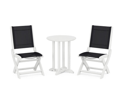 POLYWOOD® Coastal Folding Side Chair 3-Piece Round Bistro Dining Set in White / Black Sling