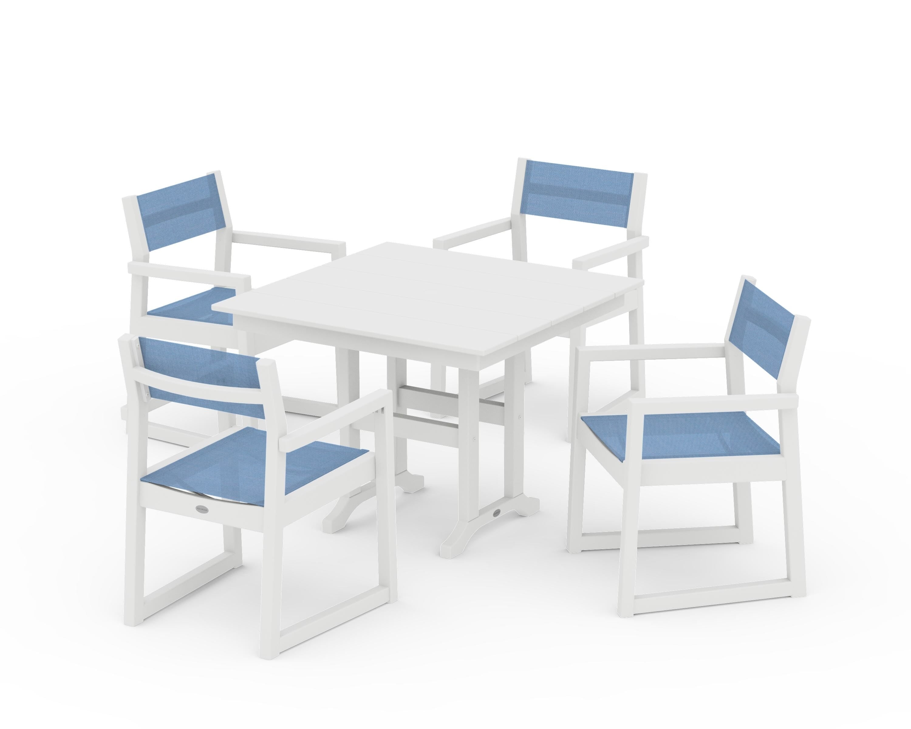 POLYWOOD® EDGE Sling Arm Chair 5-Piece Farmhouse Dining Set in White / Poolside Sling
