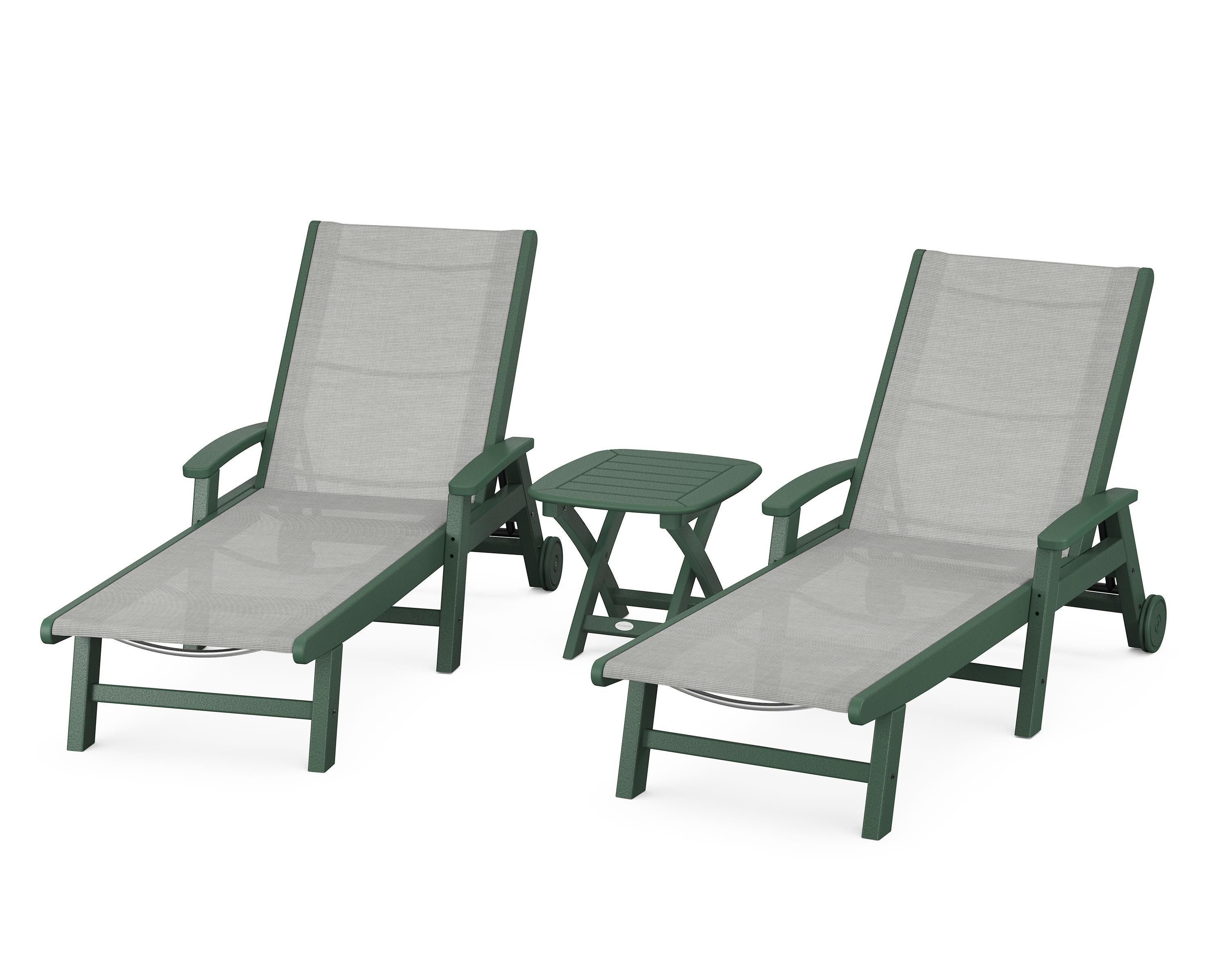 POLYWOOD® Coastal 3-Piece Wheeled Chaise Set in Green / Metallic Sling