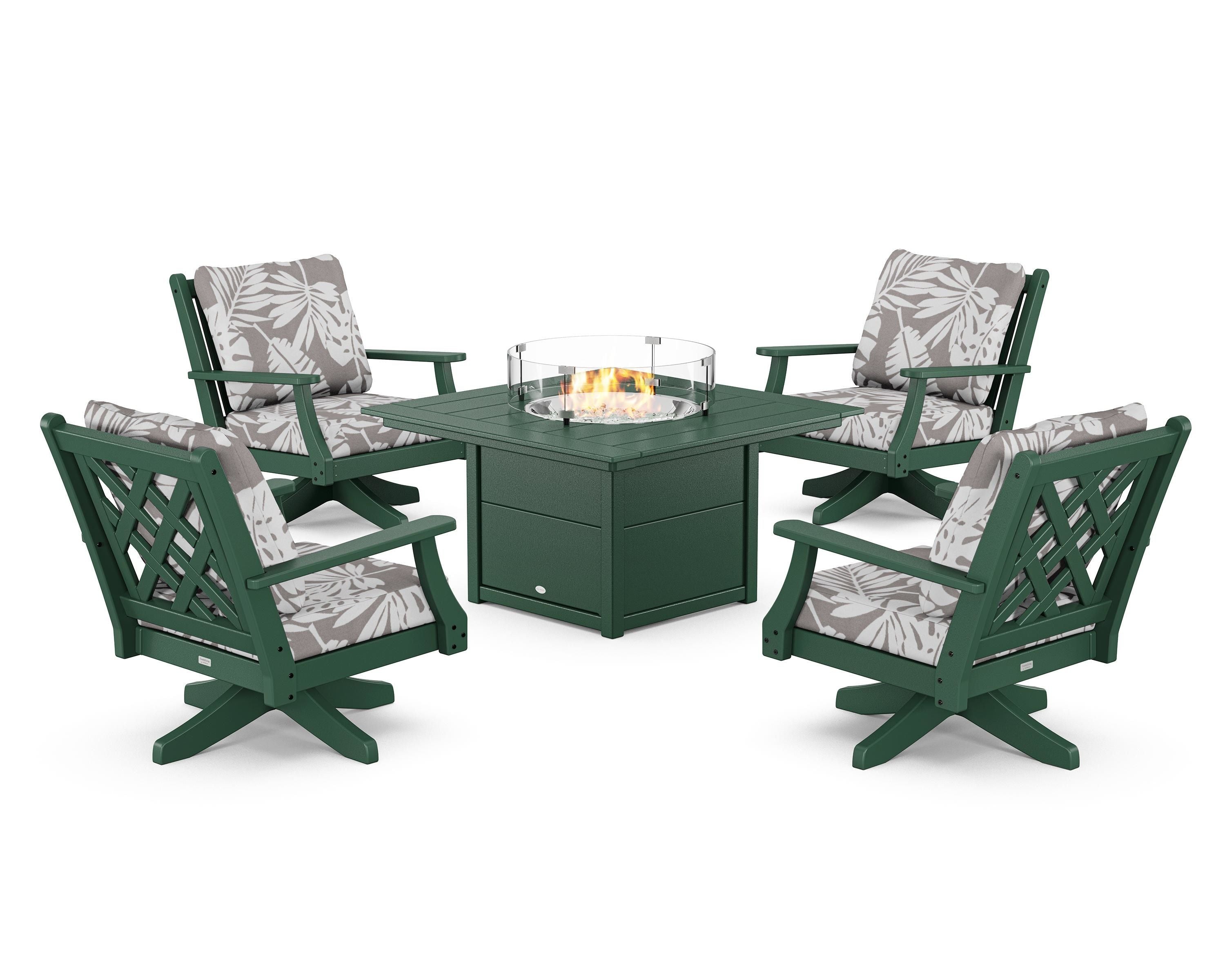 Country Living Wovendale 5-Piece Deep Seating Swivel Conversation Set with Fire Pit Table in Green / Leaf Grey Mist