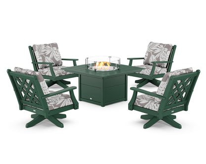 Country Living Wovendale 5-Piece Deep Seating Swivel Conversation Set with Fire Pit Table in Green / Leaf Grey Mist