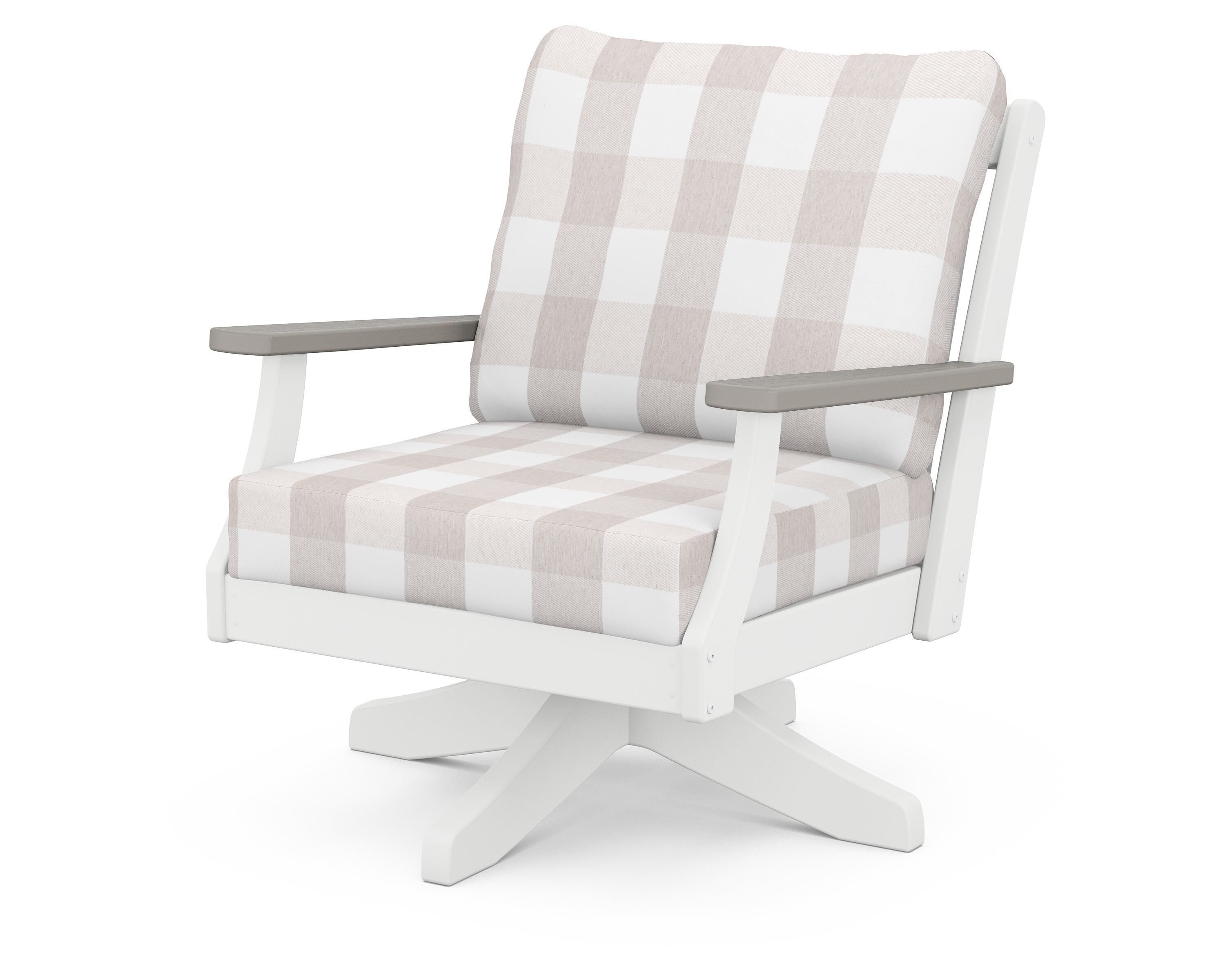 POLYWOOD® Braxton Deep Seating Swivel Chair in White / Driftwood / Buffalo Plaid Dune Burlap