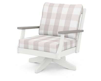 POLYWOOD® Braxton Deep Seating Swivel Chair in White / Driftwood / Buffalo Plaid Dune Burlap