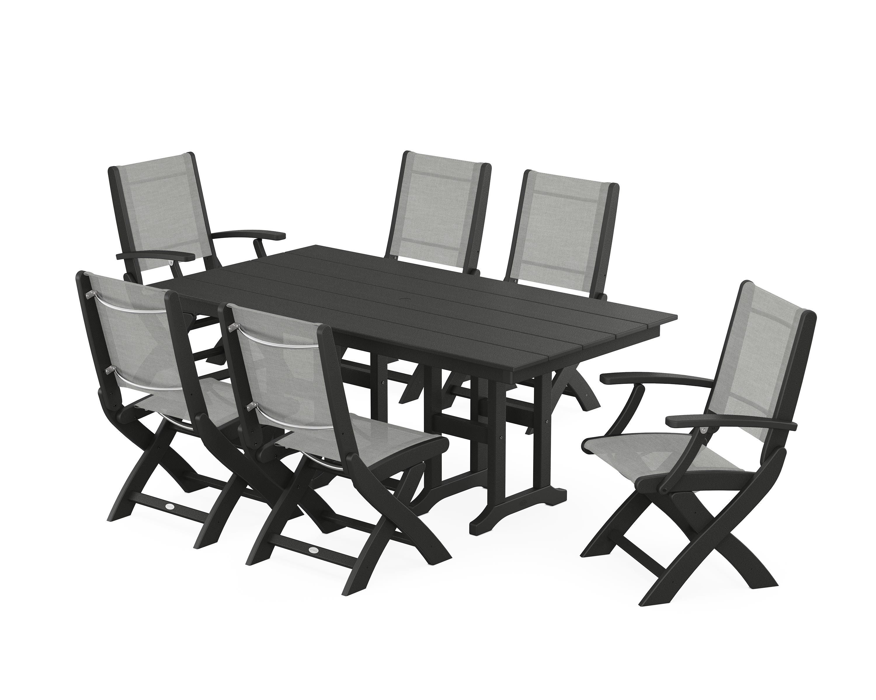 POLYWOOD® Coastal Folding Chair 7-Piece Farmhouse Dining Set in Black / Metallic Sling