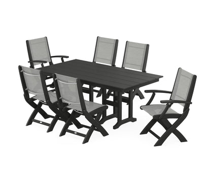 POLYWOOD® Coastal Folding Chair 7-Piece Farmhouse Dining Set in Black / Metallic Sling
