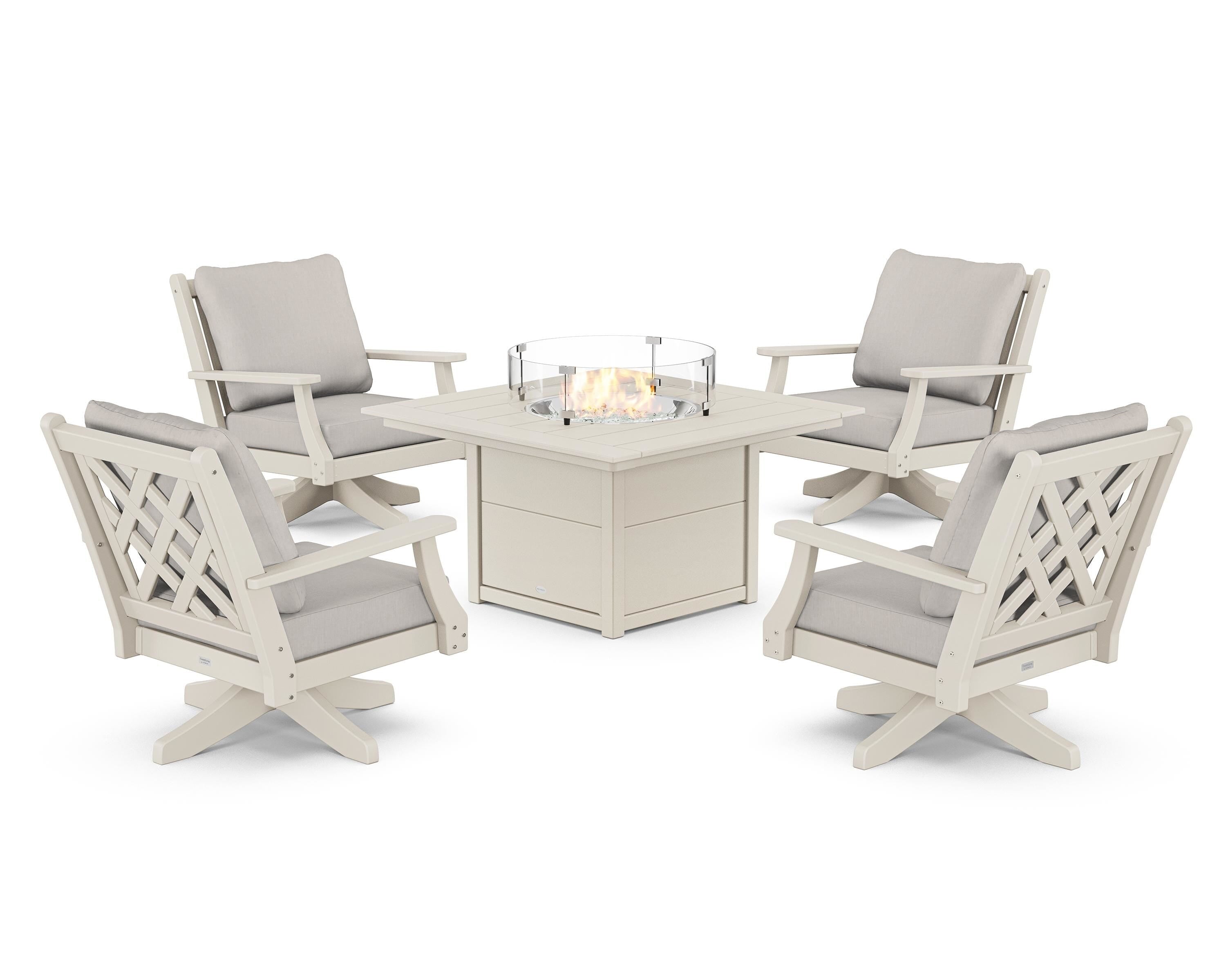 Country Living Wovendale 5-Piece Deep Seating Swivel Conversation Set with Fire Pit Table in Sand / Cast Ash