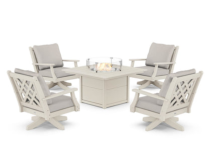 Country Living Wovendale 5-Piece Deep Seating Swivel Conversation Set with Fire Pit Table in Sand / Cast Ash
