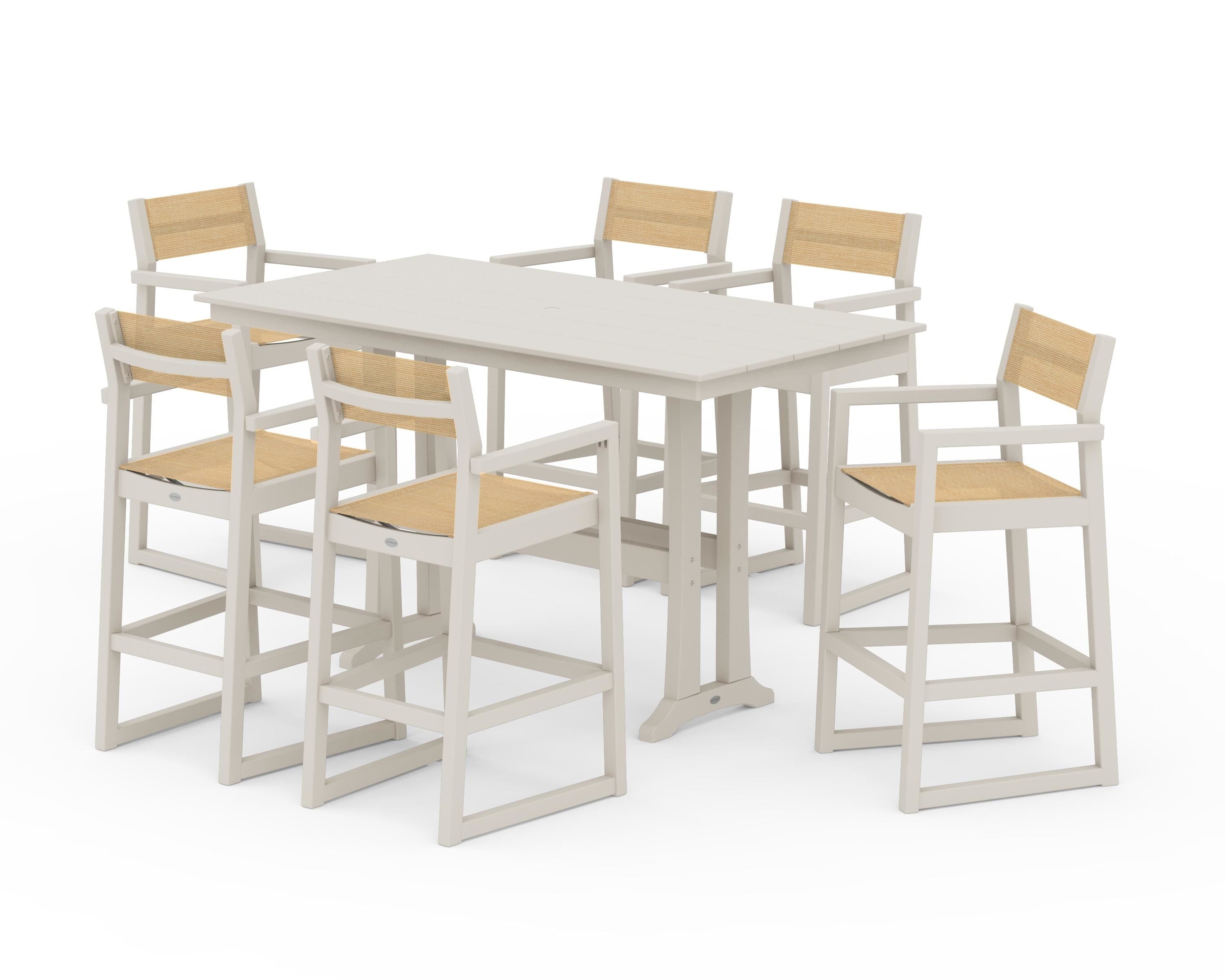 POLYWOOD® EDGE Sling Arm Chair 7-Piece Farmhouse Bar Set with Trestle Legs in Sand / Dupioni Apricot Sling