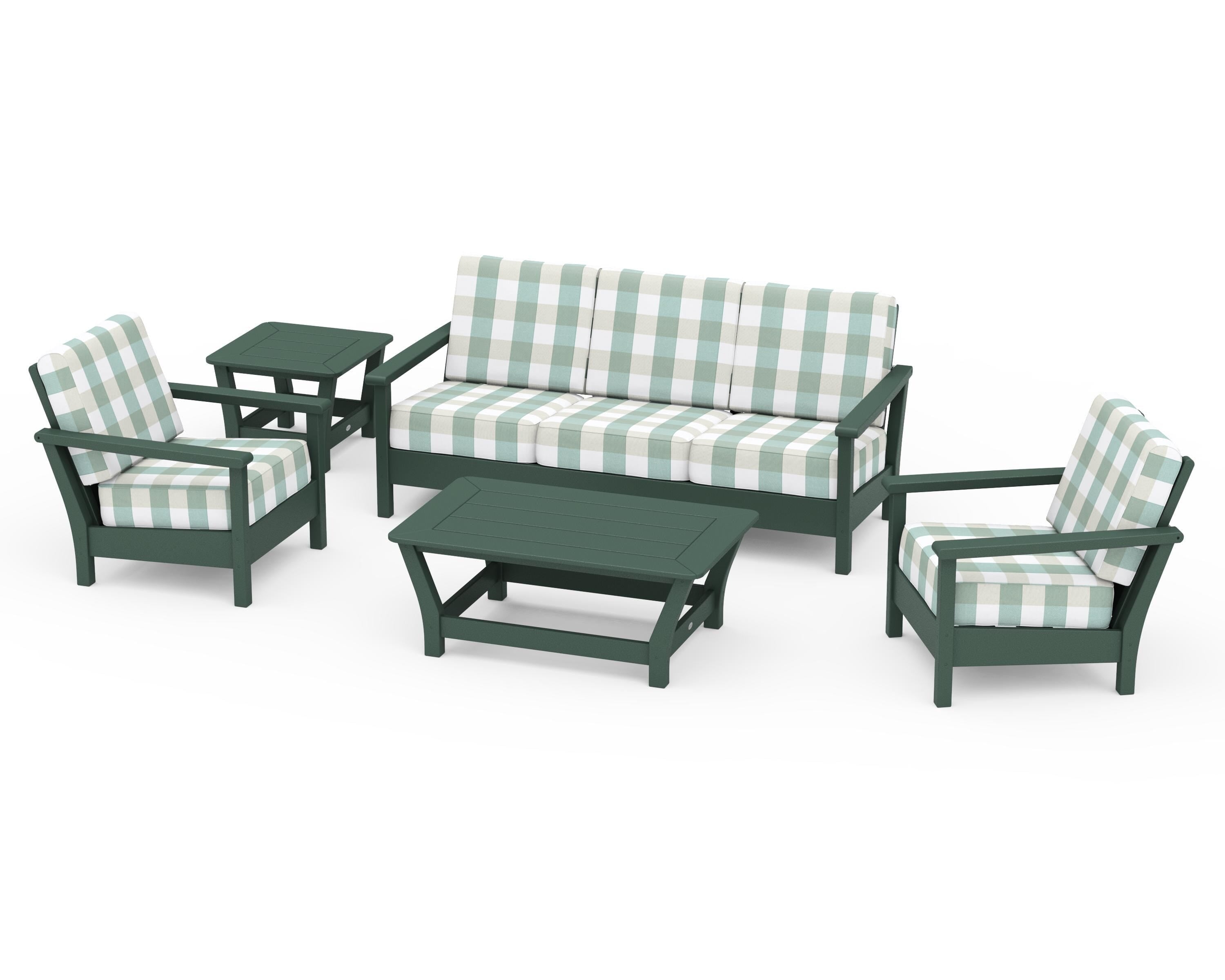 POLYWOOD® Harbour 5-Piece Deep Seating Set in Green / Buffalo Plaid Glacier Spa