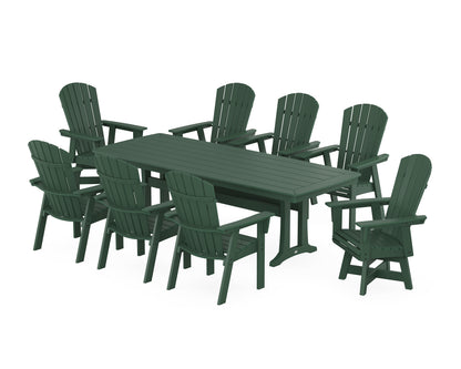 POLYWOOD® Nautical Curveback Adirondack Swivel 9-Piece Dining Set with Trestle Legs in Green