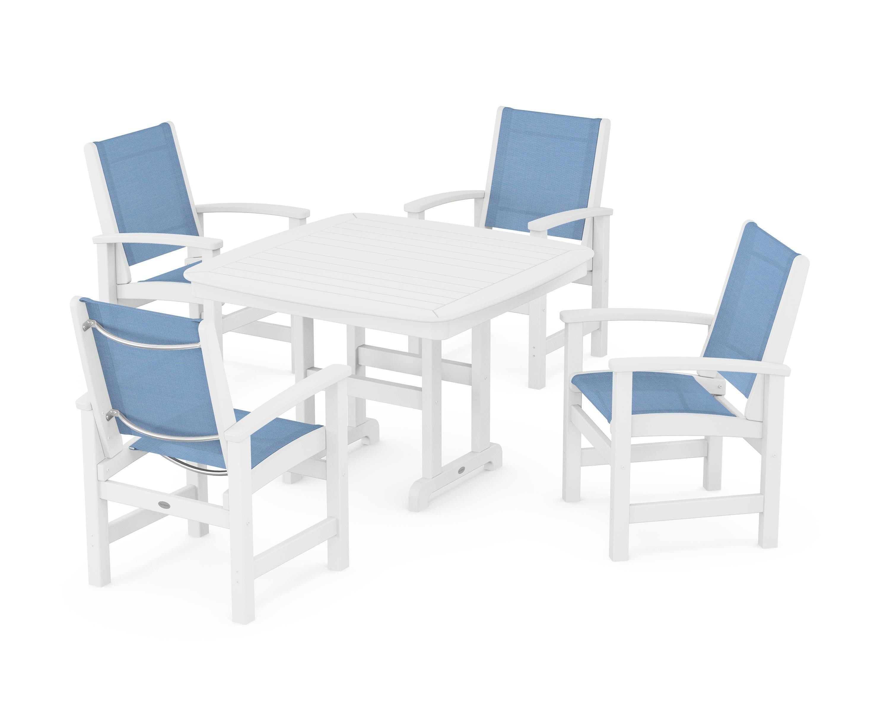 POLYWOOD® Coastal 5-Piece Dining Set in White / Poolside Sling