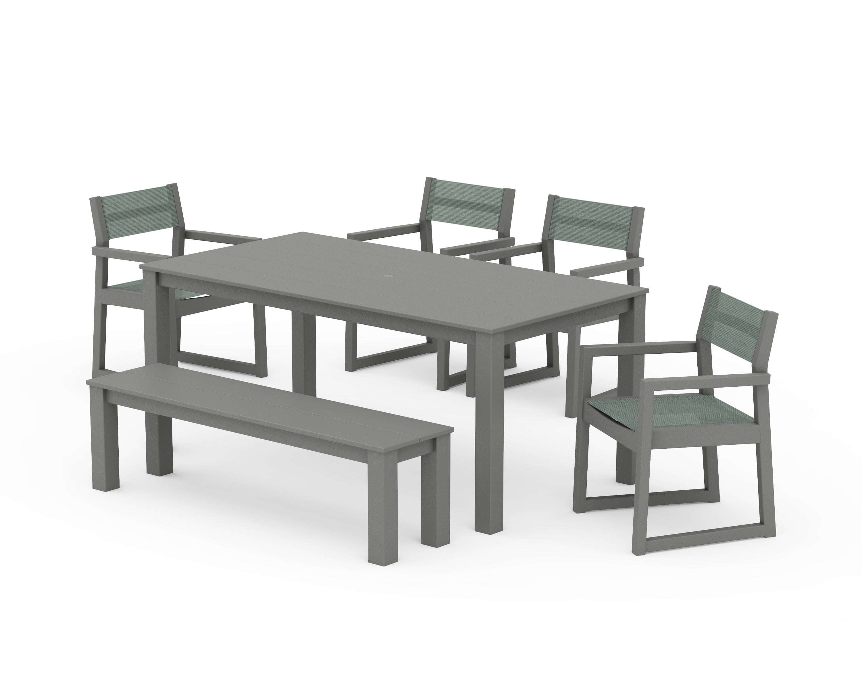 POLYWOOD® EDGE Sling Arm Chair 6-Piece Parsons Dining Set with Bench in Slate Grey / Dupioni Sea Mist Sling