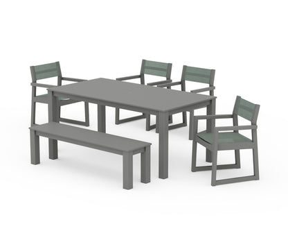 POLYWOOD® EDGE Sling Arm Chair 6-Piece Parsons Dining Set with Bench in Slate Grey / Dupioni Sea Mist Sling