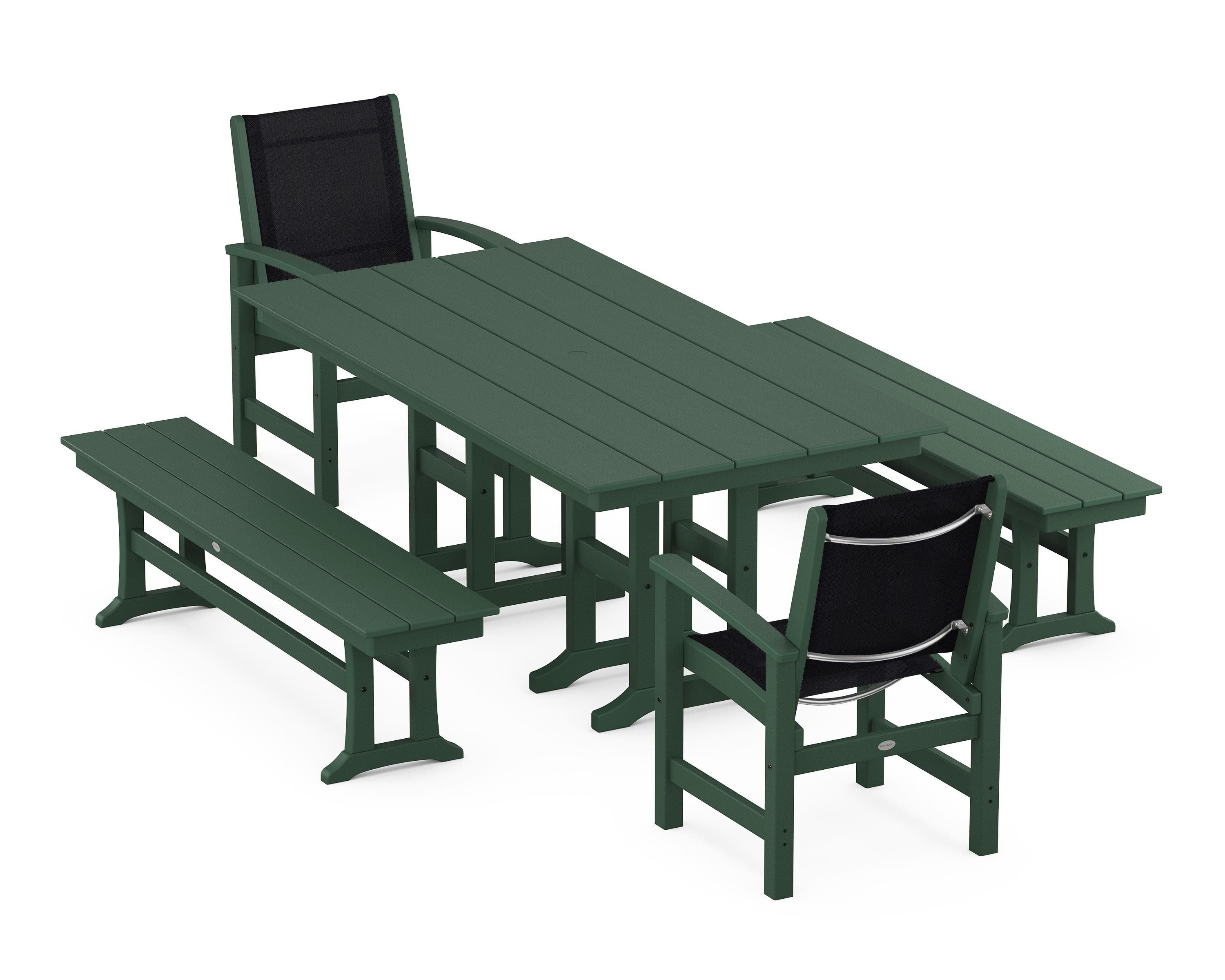 POLYWOOD® Coastal 5-Piece Farmhouse Dining Set in Green / Black Sling