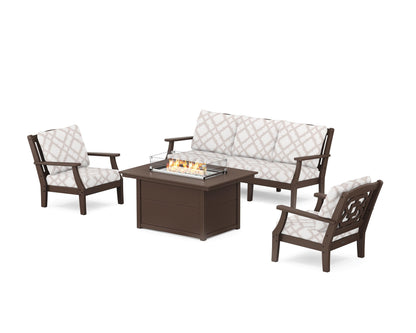 Martha Stewart by POLYWOOD® Chinoiserie Deep Seating Fire Pit Table Set in Mahogany / Trellis Dune Burlap