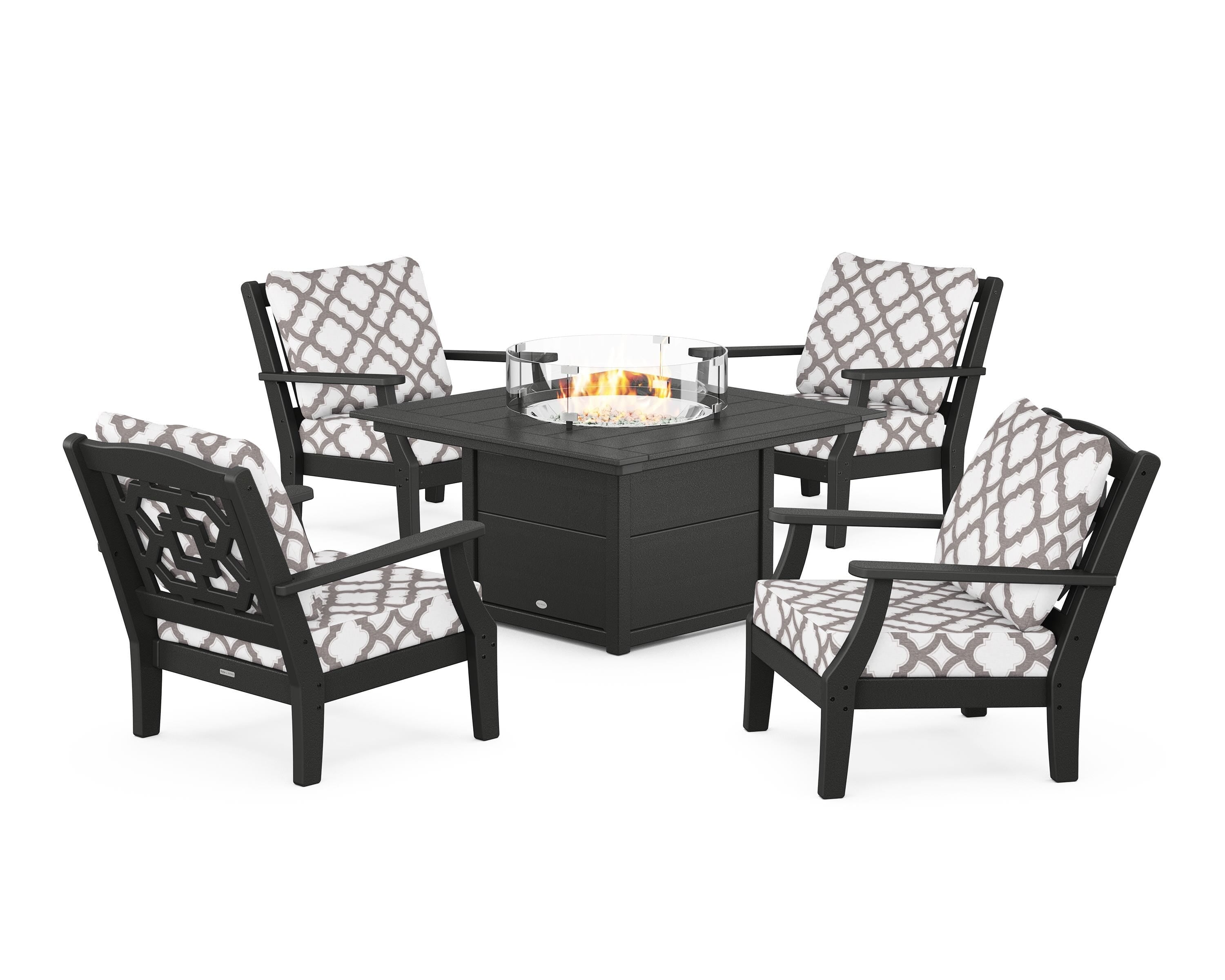 Martha Stewart by POLYWOOD® Chinoiserie 5-Piece Deep Seating Set with Fire Pit Table in Black / Trellis Grey Mist